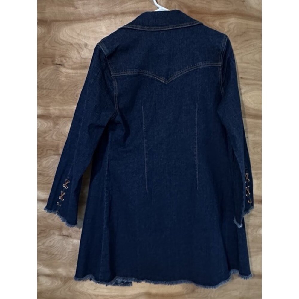 Denim Duster Western Style Jacket Leather Laces Festival Boho Blue Sz M Womens - Picture 2 of 6